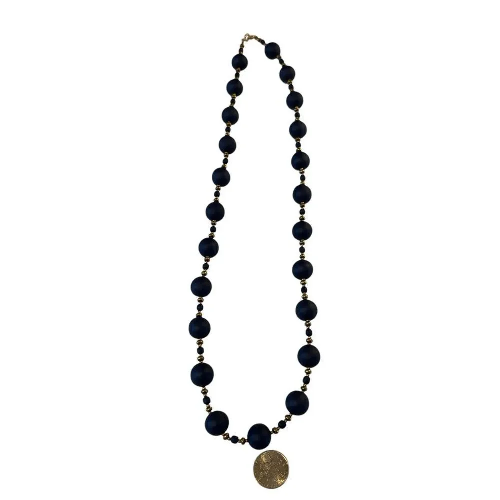 Pretty & Well Made Navy Blue and Gold Beaded Vintage Necklace.
